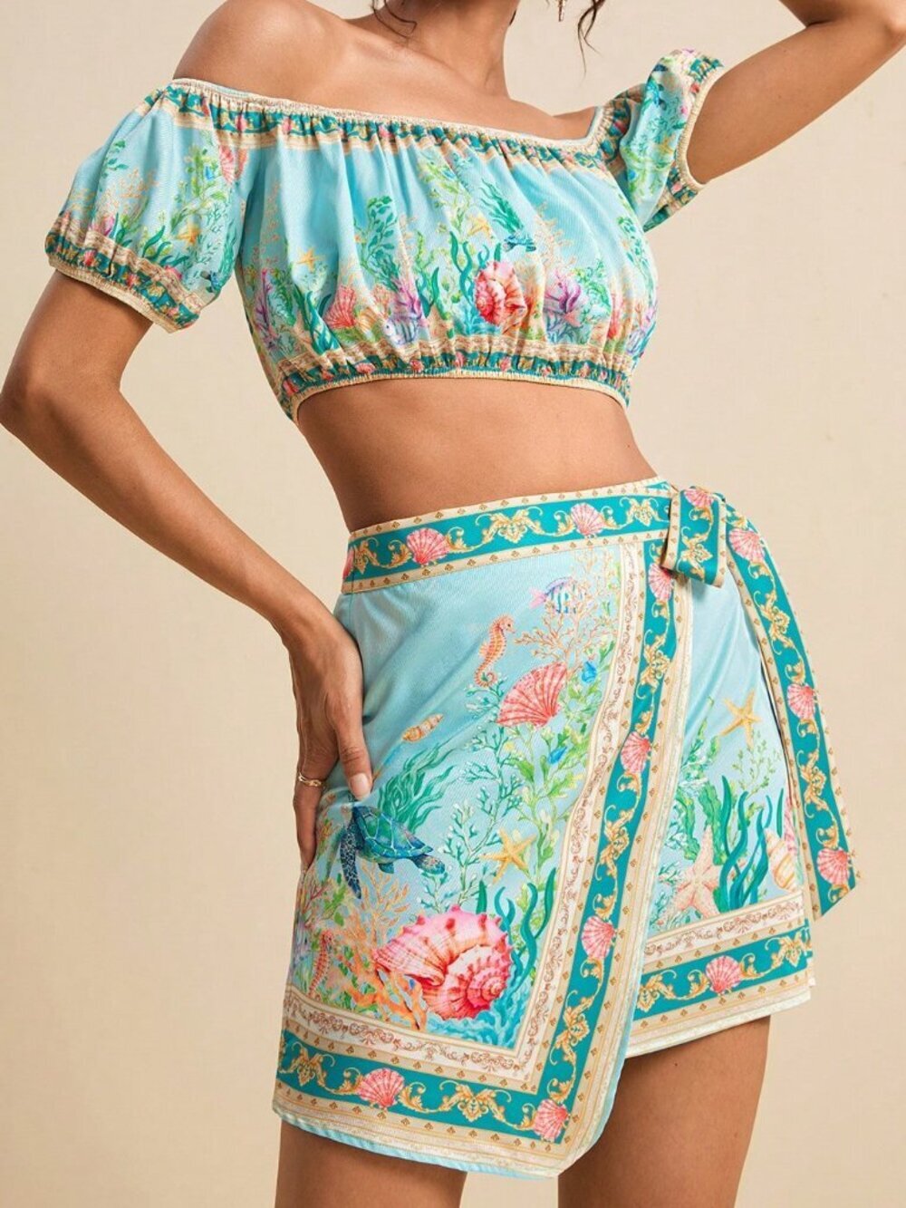 Blue Boho Women's Sea Life Print Off-Shoulder Cropped Top & Wrap Midi Skirt Set